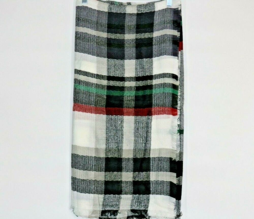 Womens White Black Red Green Plaid Scarf